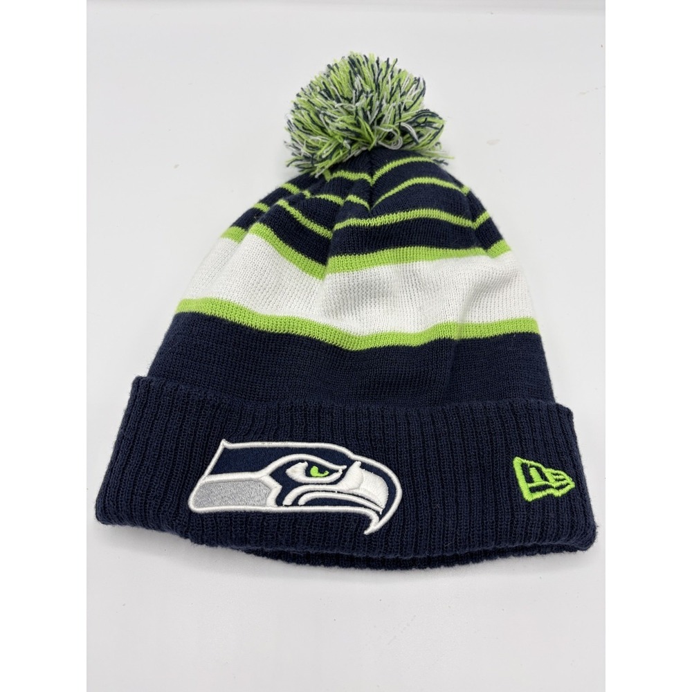 NFL Seattle Seahawks Beanie Navy Blue Green White Stripes Winter Hat New Era